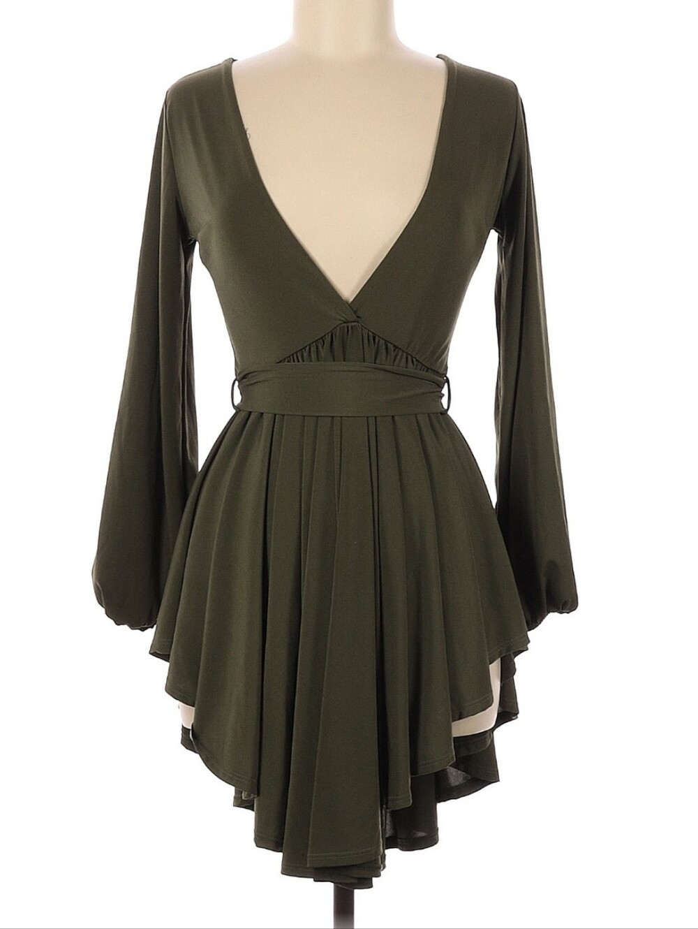 Olive Green Long-Sleeve Deep V- Neck Skater Dress
